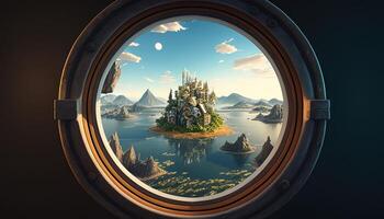 floating island in the window, digital art illustration, photo