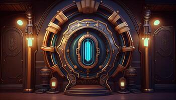 steampunk portal room, digital art illustration, photo