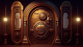 steampunk portal room, digital art illustration, photo
