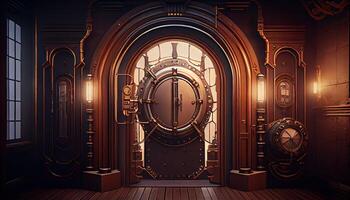 steampunk portal room, digital art illustration, photo