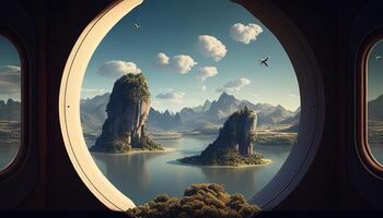 floating island in the window, digital art illustration, photo