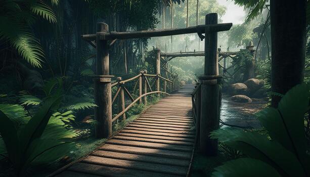 log bridge jungle, digital art illustration, photo