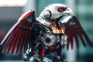 eagle steel robot with red eye and wing, generated technology photo