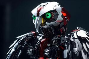 eagle steel robot with green eye, generative ai generated technology photo