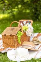 picnic en el jardín, mimbre picnic cesta, ramo de flores de flores y accesorios en un picnic frazada. foto