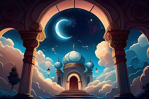 Beutiful mosque with star and moon in the sky background. photo