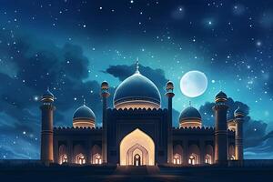 Beutiful mosque with star and moon in the sky background. photo