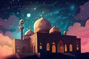 Beutiful mosque with star and moon in the sky background. photo