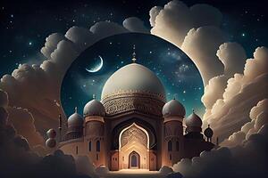 Beutiful mosque with star and moon in the sky background. photo