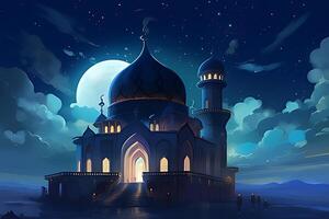 Beutiful mosque with star and moon in the sky background. photo