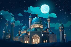 Beutiful mosque with star and moon in the sky background. photo