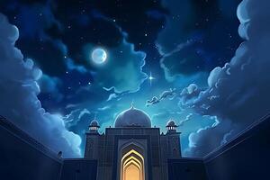 Beutiful mosque with star and moon in the sky background. photo