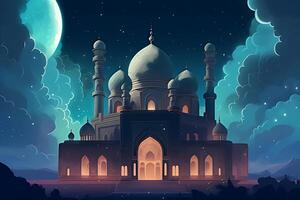Beutiful mosque with star and moon in the sky background. photo