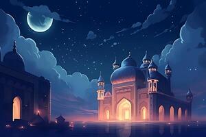 Beutiful mosque with star and moon in the sky background. photo