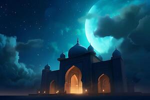 Beutiful mosque with star and moon in the sky background. photo