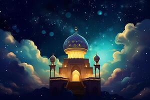 Beutiful mosque with star and moon in the sky background. photo