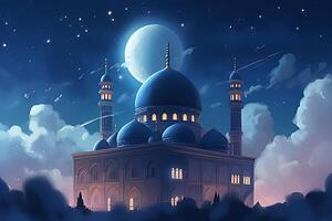 Beutiful mosque with star and moon in the sky background. photo