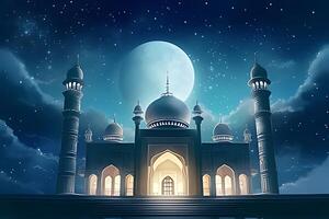 Beutiful mosque with star and moon in the sky background. photo
