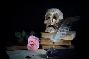 Books, paper, pen, rose and human skull photo