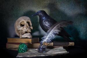 Books a human skull, a raven and a green carnation. photo