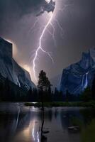 lightning bolt hitting a tree in the middle of a lake. . photo