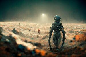robot that is standing in the dirt. . photo