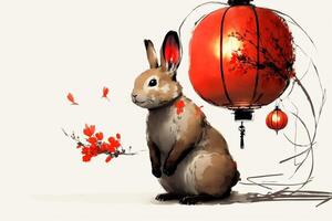 rabbit sitting in front of a red lantern. . photo