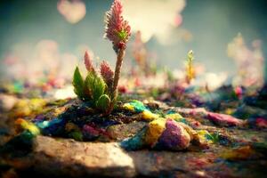 small plant sprouting out of a pile of rocks. . photo