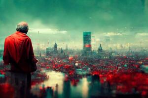 man standing on top of a roof looking at a city. . photo