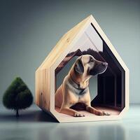 dog sitting inside of a wooden dog house. . photo