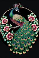 peacock sitting on a branch surrounded by flowers. . photo