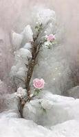 rosado Rosa sentado en parte superior de un nieve cubierto árbol. generativo ai. foto