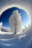 nieve cubierto árbol sentado en parte superior de un nieve cubierto colina. generativo ai. foto