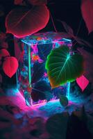 glowing cube with a leaf inside of it. . photo