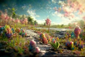 field of flowers sitting on top of a dirt road. . photo