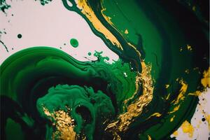 close up of a green and gold fluid painting. . photo