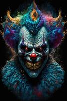 close up of a clowns face on a black background. . photo