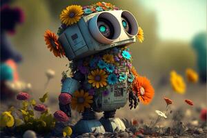 robot standing in a field of flowers. . photo