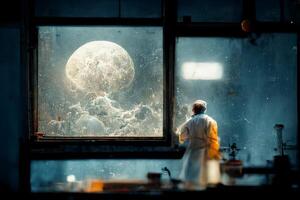 hombre en pie en frente de un ventana mirando a el Luna. generativo ai foto