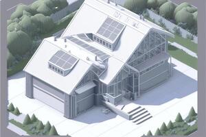 rendering of a house with solar panels on the roof. . photo