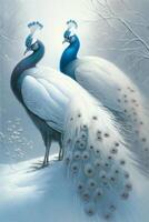 two peacocks standing next to each other in the snow. . photo