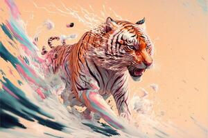 painting of a tiger running through a body of water. . photo