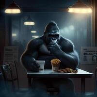 gorilla sitting at a table eating french fries. . photo