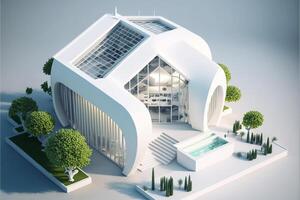 white building with a pool in front of it. . photo