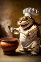 figurilla de un Tigre vistiendo un cocineros sombrero. generativo ai. foto