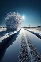 road covered in snow next to a tree. . photo