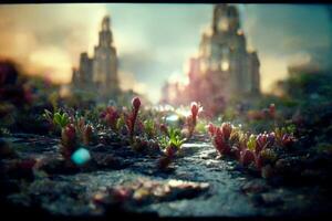 field of plants with a castle in the background. . photo