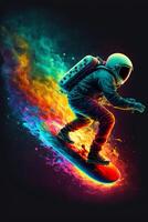 man in a space suit riding a snowboard. . photo