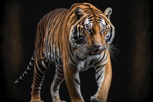 cerca arriba de un Tigre en un negro antecedentes. generativo ai. foto