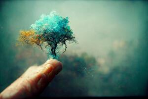 close up of a person holding a small tree. . photo